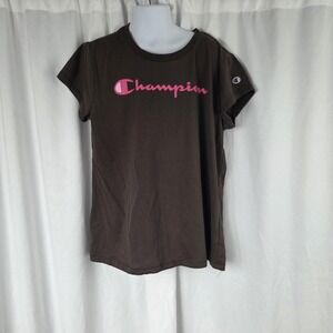 Champion Shirt Girls Large 14 Brown Pink Logo Graphic Short Sleeve Tee